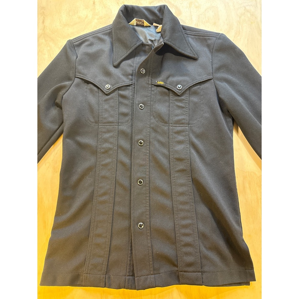 Vintage Lee Western Shirt Jacket Black Pearl Snap Made in USA 70s Textured Mens